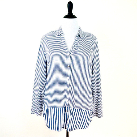 J Jill Size L Woven Rayon Button Down Shirt Contrast Stripe Blue White - Picture 2 of 9